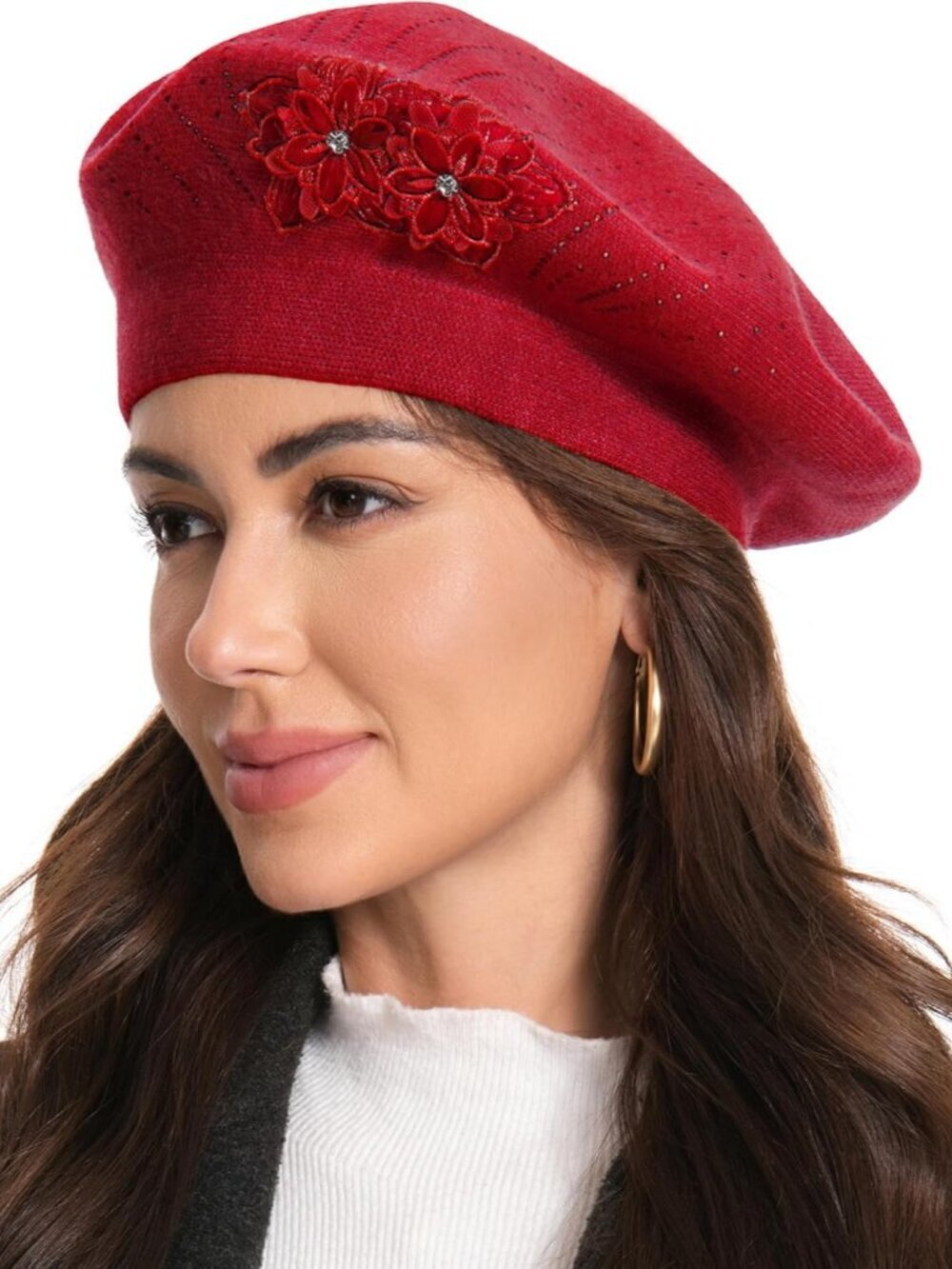 Women's French Style Flower Knitted Embroidery Beret Hats 2 Flowers Red